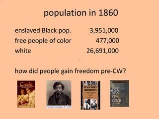 population in 1860
enslaved Black pop.     3,951,000
free people of color      477,000
white                  26,691,000

how did people gain freedom pre-CW?
 