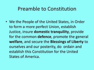 Preamble to Constitution

• We the People of the United States, in Order
  to form a more perfect Union, establish
  Justice, insure domestic tranquility, provide
  for the common defence, promote the general
  welfare, and secure the Blessings of Liberty to
  ourselves and our posterity, do ordain and
  establish this Constitution for the United
  States of America.
 