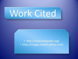 Work Cited

     • http://www.wikipedia.org/
  • http://images.search.yahoo.com/
 