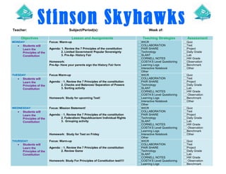 Stinson SkyhawksTeacher: Subject/Period(s): Week of:
Objectives Lesson and Assignments Teaching Strategies Assessment
MONDAY Focus: Warm-up
Agenda: 1. Review the 7 Principles of the constitution
2. Limited Government/ Popular Sovereignty
3. Pre-Ap- History Fair
Homework:
Pre-Ap- Have your parents sign the History Fair form
WICR
COLLABORATION
PAIR SHARE
Technology
SLANT
CORNELL NOTES
COSTA’S Level Questioning
Learning Logs
Interactive Notebook
Other
Quiz
Test
Project
Daily Grade
Lab
HW Grade
Observation
Benchmark
Other
• Students will
Learn the
Principles of the
Constitution
TUESDAY Focus Warm-up
Agenda: : 1. Review the 7 Principles of the constitution
2. Checks and Balances/ Separation of Powers
3. Sorting activity
Homework: Study for upcoming Test!
WICR
COLLABORATION
PAIR SHARE
Technology
SLANT
CORNELL NOTES
COSTA’S Level Questioning
Learning Logs
Interactive Notebook
Other
Quiz
Test
Project
Daily Grade
Lab
HW Grade
Observation
Benchmark
Other
• Students will
Learn the
Principles of the
Constitution
WEDNESDAY Focus: Mission Statement!
Agenda: : 1. Review the 7 Principles of the constitution
2. Federalism/ Republicanism/ Individual Rights
3. Grouping activity
Homework: Study for Test on Friday
WICR
COLLABORATION
PAIR SHARE
Technology
SLANT
CORNELL NOTES
COSTA’S Level Questioning
Learning Logs
Interactive Notebook
Other
Quiz
Test
Project
Daily Grade
Lab
HW Grade
Observation
Benchmark
Other
• Students will
Learn the
Principles of the
Constitution
THURSDAY
• Students will
Learn the
Principles of the
Constitution
Focus: Warm-up
Agenda: : 1. Review the 7 Principles of the constitution
2. Review Game
Homework: Study For Principles of Constitution test!!!!
WICR
COLLABORATION
PAIR SHARE
Technology
SLANT
CORNELL NOTES
COSTA’S Level Questioning
Learning Logs
Quiz
Test
Project
Daily Grade
Lab
HW Grade
Observation
Benchmark
 