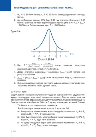140
ТООН МЭДЭЭЛЭЛД ДҮН ШИНЖИЛГЭЭ ХИЙХ ГАРЫН АВЛАГА
1.	 H0
: P ≤ 0.35 байх бөгөөд H1
: P >0.35 болох бөгөөд баруун талт шалгуур
болно.
2.	 Ач холбогдлын түвшин 10% буюу 0.10 гэж өгөгдсөн. Эндээс α = 0.10
болно. Шалгуур нэг талт баруун гэдгээс критик утга: C.V. = Zα
= Z0.10
=
1.282 болох бөгөөд няцаах муж: Z > 1.282 байна.
Зураг 9.4.
3.	 Бид гэсэн статистик шалгуурыг
ашиглах энд n=800, x=320, P0
=0.35 байна.
4.	 Дээрх статистик шалгуурын тооцоогоор бөгөөд энд
байна.
5.	 гэсэн харьцаанаас бид H0
таамаглалыг
няцаана.
6.	 Эндээс гадаадад хөрөнгө оруулалт хийсэн насанд хүрэгчдийн жин
35 хувиас их байна гэсэн дүгнэлт гарна.
Б) P-утгын арга:
Бид P0
хувийн жингийн онцгойлсон утгад (нэг хувийн жингийн үзүүлэлтийн
хувьд z-шалгуурыг ашиглана) таамаглал шалгах P-утгын аргыг ашиглах
боломжтой бөгөөд дараах алхмын дагуу таамаглалыг шалгана (алхмууд нь
Сонгодог аргын адил боловч 2 болон 5 дугаар алхам дээр ялгаатай болно):
1.	 Тэг болон эсрэг таамаглалыг томьёолох:
	 Тэг болон эсрэг таамаглалыг тогтоох 3 арга зам бий.
а) 	Тэнцүү гэсэн таамаглалын эсрэг тэнцүү бус таамаглал: H0
: P = P0
эсрэг нь H1
: P ≠ P0
, 2 талт шалгуур.
б)	 Бага буюу тэнцүүгийн эсрэг их байна гэсэн тааамаглал: H0
: P ≥ P0
эсрэг H1
: P < P0
, зүүн талт шалгуур.
в) 	Их буюу тэнцүүгийн эсрэг бага байна гэсэн таамаглал: H0
: P ≤ P0
эсрэг H1
: P > P0
, баруун талт шалгуур.
 