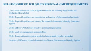 RELATIONSHIP OF ICH Q10 TO REGIONAL GMP REQUIREMENTS
• Q10 is not a harmonized GMP, Regional GMPs do not currently apply across the
product(s) life cycle but
• GMPs do provide guidance on manufacture and control of pharmaceutical products
• GMPs do provide guidance on most of the essential elements of a Quality Assurance
System
• GMPs address CAPA but not proactive continual improvement
• GMPs touch on management responsibilities
• GMPs do not address the system needed to bring a quality product to market
• However, GMPs are a critical element of an effective Pharmaceutical Quality System
10
 