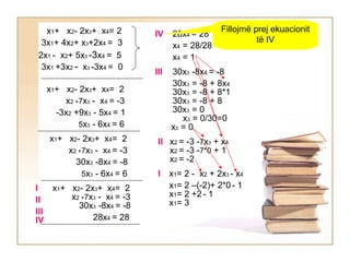 x1+ x2- 2x3+ x4= 2
3x1+ 4x2+ x3+2x4 = 3
3x1 +3x2 - x3 -3x4 = 0
2x1 - x2+ 5x3 -3x4 = 5
x1+ x2- 2x3+ x4= 2
x2 +7x3 - x4 = -3
-3x2 +9x3 - 5x4 = 1
5x3 - 6x4 = 6
x1+ x2- 2x3+ x4= 2
x2 +7x3 - x4 = -3
30x3 -8x4 = -8
5x3 - 6x4 = 6
x1+ x2- 2x3+ x4= 2
x2 +7x3 - x4 = -3
30x3 -8x4 = -8
28x4 = 28
28x4 = 28IV
x4 = 28/28 = 1
x4 = 1
III 30x3 -8x4 = -8
30x3 = -8 + 8x4
30x3 = -8 + 8*1
30x3 = -8 + 8
30x3 = 0
x3 = 0/30=0
II x2 = -3 -7x3 + x4
x2 = -3 -7*0 + 1
x2 = -2
I x1= 2 - x2 + 2x3 - x4
x1= 2 –(-2)+ 2*0 - 1
x1= 2 +2 - 1
x1= 3
x3 = 0
I
II
III
IV
Fillojmë prej ekuacionit
të IV
 