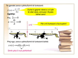 Të gjendet zona e përkufizimit të funksionit:
Zgjidhje:
Duhet ti gjejmë vlerat e x-it për
të cilat vlera, emruesi i thysës
bëhet zero!
Pra,
0 1 2 3-1-2
x=0
Për x=0 funksioni s’ka kuptim!
Prej nga; zona e përkufizimit të funksionit është:
- ∞ + ∞
Dmth pika 0 nuk përfshihet!
x
x
xf
2
3
)(
−
=
)0,(−∞∈x ∪ ),0( +∞
02 =x
0
2
0
==x
 