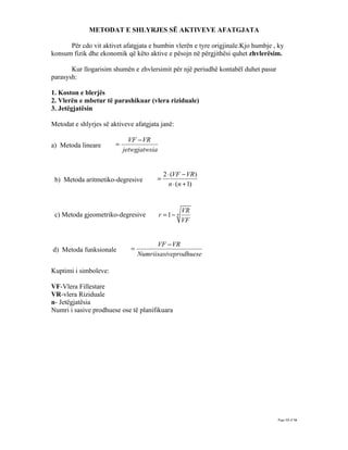 METODAT E SHLYRJES SË AKTIVEVE AFATGJATA

      Për cdo vit aktivet afatgjata e humbin vlerën e tyre origjinale.Kjo humbje , ky
konsum fizik dhe ekonomik që këto aktive e pësojn në përgjithësi quhet zhvlerësim.

       Kur llogarisim shumën e zhvlersimit për një periudhë kontabël duhet pasur
parasysh:

1. Koston e blerjës
2. Vlerën e mbetur të parashikuar (vlera riziduale)
3. Jetëgjatësin

Metodat e shlyrjes së aktiveve afatgjata janë:

                              VF − VR
a) Metoda lineare       =
                            jetwgjatwsia


                                            2 ⋅ (VF − VR )
 b) Metoda aritmetiko-degresive         =
                                               n ⋅ (n + 1)


                                                      VR
 c) Metoda gjeometriko-degresive           r = 1− n
                                                      VF


                                        VF − VR
d) Metoda funksionale         =
                                  Numriisasiveprodhuese

Kuptimi i simboleve:

VF-Vlera Fillestare
VR-vlera Riziduale
n- Jetëgjatësia
Numri i sasive prodhuese ose të planifikuara




                                                                                   Page 13 of 16
 