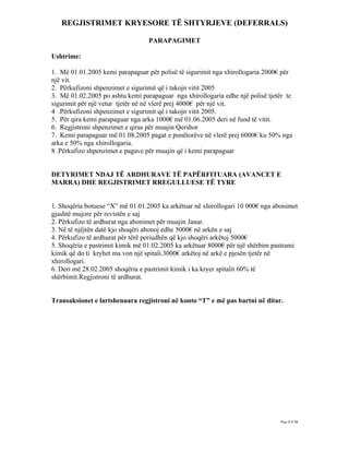 REGJISTRIMET KRYESORE TË SHTYRJEVE (DEFERRALS)

                                  PARAPAGIMET

Ushtrime:

1. Më 01.01.2005 kemi parapaguar për polisë të sigurimit nga xhirollogaria 2000€ për
një vit.
2. Përkufizoni shpenzimet e sigurimit që i takojn vitit 2005
3. Më 01.02.2005 po ashtu kemi parapaguar nga xhirollogaria edhe një polisë tjetër te
sigurimit për një vetur tjetër në në vlerë prej 4000€ për një vit.
4 .Përkufizoni shpenzimet e sigurimit që i takojn vitit 2005.
5. Për qira kemi parapaguar nga arka 1000€ më 01.06.2005 deri në fund të vitit.
6. Regjistroni shpenzimet e qiras për muajin Qershor
7. Kemi parapaguar më 01.08.2005 pagat e punëtorëve në vlerë prej 6000€ ku 50% nga
arka e 50% nga xhirollogaria.
8 .Përkufizo shpenzimet e pagave për muajin që i kemi parapaguar


DETYRIMET NDAJ TË ARDHURAVE TË PAPËRFITUARA (AVANCET E
MARRA) DHE REGJISTRIMET RREGULLUESE TË TYRE


1. Shoqëria botuese “X” më 01.01.2005 ka arkëtuar në xhirollogari 10 000€ nga abonimet
gjashtë mujore për revistën e saj
2. Përkufizo të ardhurat nga abonimet për muajin Janar.
3. Në të njëjtën datë kjo shoqëri abonoj edhe 5000€ në arkën e saj
4. Përkufizo të ardhurat për tërë periudhën që kjo shoqëri arkëtoj 5000€
5. Shoqëria e pastrimit kimik më 01.02.2005 ka arkëtuar 8000€ për një shërbim pastrami
kimik që do ti kryhet ma von një spitali.3000€ arkëtoj në arkë e pjesën tjetër në
xhirollogari.
6. Deri më 28.02.2005 shoqëria e pastrimit kimik i ka kryer spitalit 60% të
shërbimit.Regjistroni të ardhurat.


Transaksionet e lartshenuara regjistroni në konto “T” e më pas bartni në ditar.




                                                                                Page 3 of 16
 