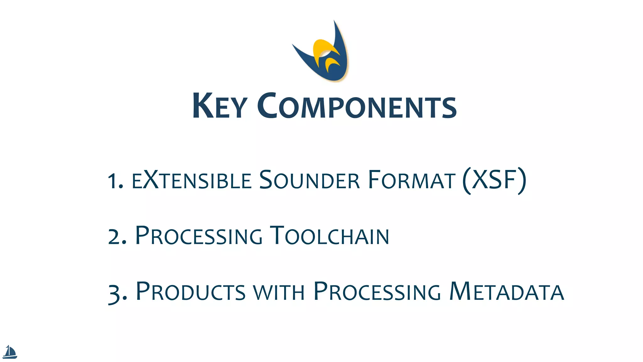 KEY COMPONENTS
1. EXTENSIBLE SOUNDER FORMAT (XSF)
2. PROCESSING TOOLCHAIN
3. PRODUCTS WITH PROCESSING METADATA
 