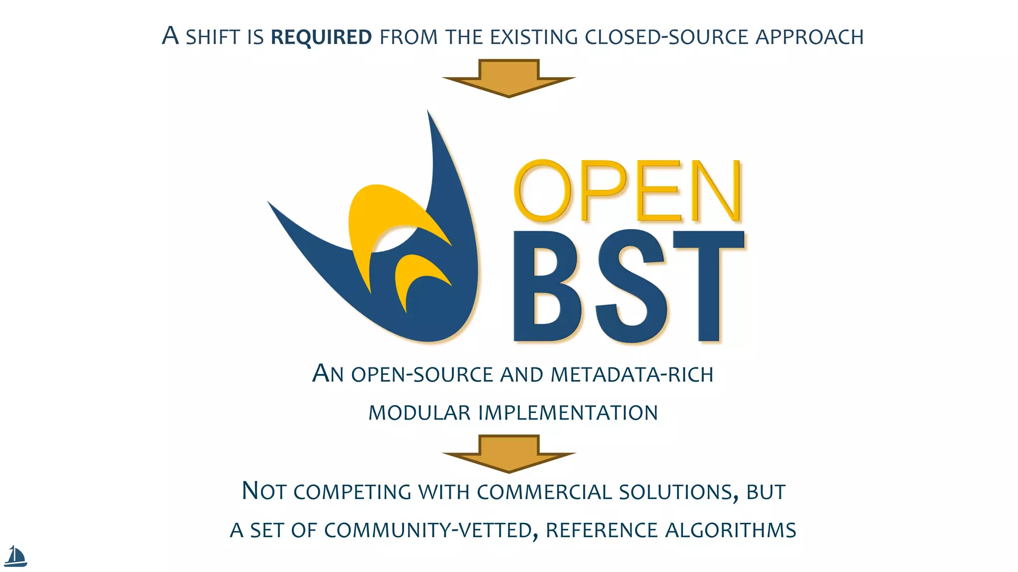 A SHIFT IS REQUIRED FROM THE EXISTING CLOSED-SOURCE APPROACH
AN OPEN-SOURCE AND METADATA-RICH
MODULAR IMPLEMENTATION
NOT COMPETING WITH COMMERCIAL SOLUTIONS, BUT
A SET OF COMMUNITY-VETTED, REFERENCE ALGORITHMS
 
