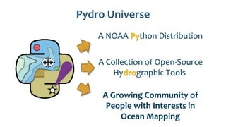 A NOAA Python Distribution
Pydro Universe
A Collection of Open-Source
Hydrographic Tools
A Growing Community of
People with Interests in
Ocean Mapping
 