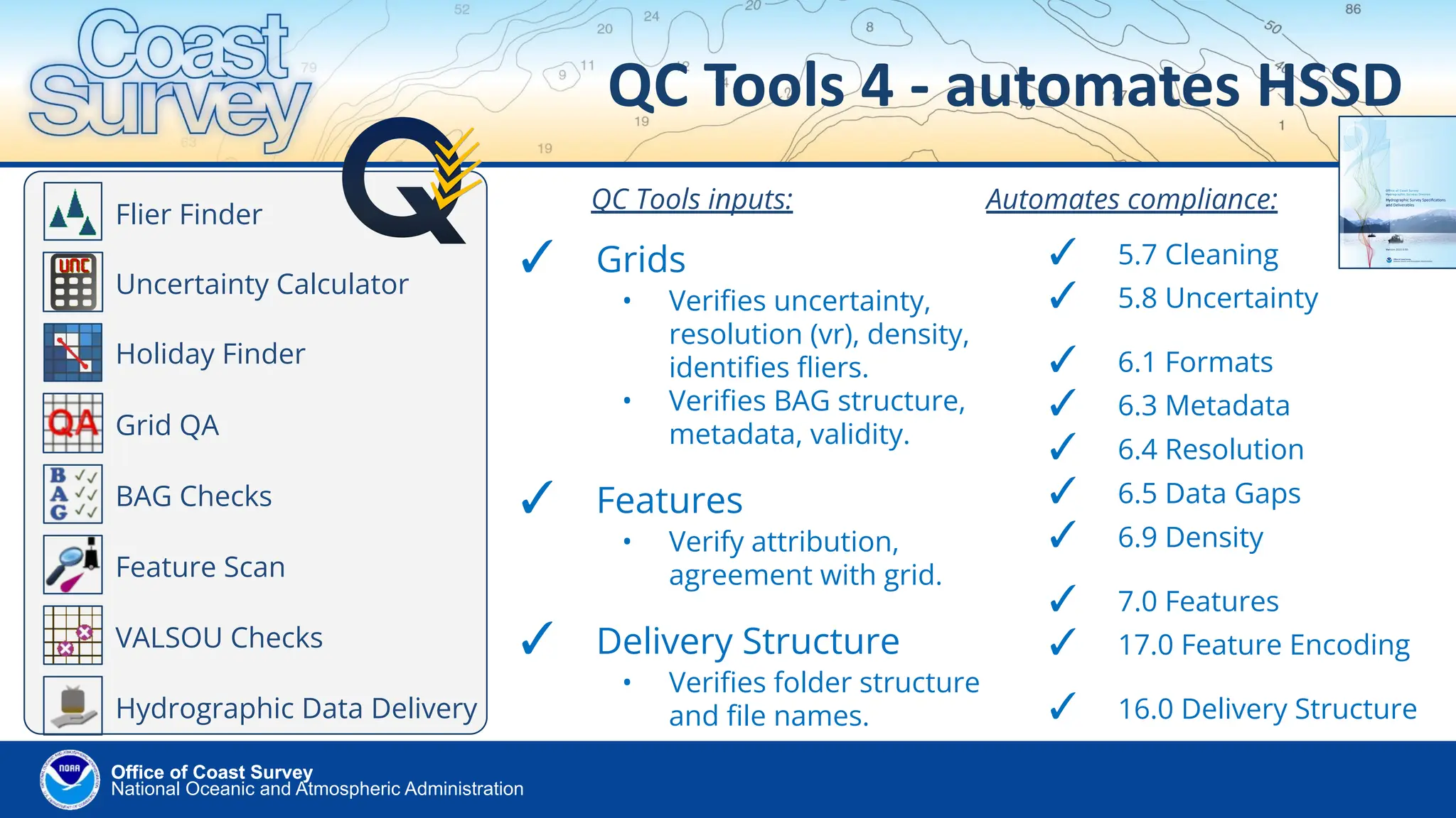 National Oceanic and Atmospheric Administration
Office of Coast Survey
Office of Coast Survey
✓ 5.7 Cleaning
✓ 5.8 Uncertainty
✓ 6.1 Formats
✓ 6.3 Metadata
✓ 6.4 Resolution
✓ 6.5 Data Gaps
✓ 6.9 Density
✓ 7.0 Features
✓ 17.0 Feature Encoding
✓ 16.0 Delivery Structure
QC Tools 4 - automates HSSD
Flier Finder
Uncertainty Calculator
Holiday Finder
Grid QA
BAG Checks
Feature Scan
VALSOU Checks
QC Tools inputs:
Hydrographic Data Delivery
✓ Grids
• Veriﬁes uncertainty,
resolution (vr), density,
identiﬁes ﬂiers.
• Veriﬁes BAG structure,
metadata, validity.
✓ Features
• Verify attribution,
agreement with grid.
✓ Delivery Structure
• Veriﬁes folder structure
and ﬁle names.
Automates compliance:
 