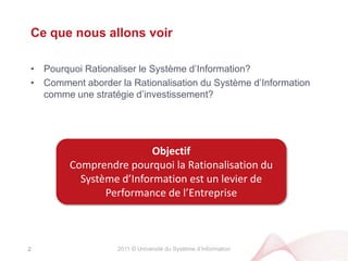 2011 © Université du Système d’InformationCe que nous allons voirPourquoi Rationaliser le Système d’Information?
