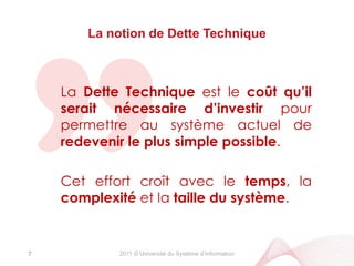 2011 © Université du Système d’InformationLes leviers de la Rationalisation du Système d’Information6MétierTechniqueProcessusCompétenceFonctionnelTechnologieApplicatifAchatOrganisationnel