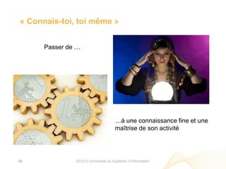 « Connais-toi, toi même »


      Passer de …




                                     …à une connaissance fine et une
                                     maîtrise de son activité




16             2012 © Université du Système d’Information
 