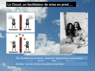Le Cloud, un facilitateur de mise en prod….




     Plus	
  de	
  délais	
  de	
  livraison	
  :	
  élas1cité,	
  déploiement	
  automa1sé…	
  	
  

     DevOps	
  :	
  les	
  Dev	
  &	
  Ops	
  travaillent	
  ensemble	
  	
  
 
