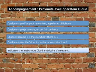 Accompagnement : Proximité avec opérateur Cloud



Quelqu’un	
  que	
  l’on	
  peut	
  rencontrer,	
  appeler	
  au	
  téléphone	
  

Quelqu’un	
  que	
  je	
  connais,	
  en	
  qui	
  j’ai	
  conﬁance	
  …	
  

Et	
  non	
  syndrome	
  «	
  is	
  there	
  anybody	
  there	
  ??	
  »	
  
Quelqu'un	
  peut-­‐il	
  m’aider	
  à	
  monter	
  mon	
  architecture	
  ?	
  


Indicateur	
  :	
  les	
  opérateurs	
  Cloud	
  américains	
  s’y	
  mekent…	
  
 