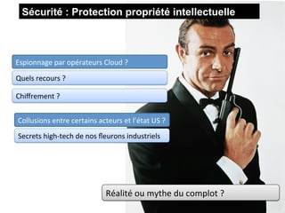 Sécurité : Protection propriété intellectuelle



Espionnage	
  par	
  opérateurs	
  Cloud	
  ?	
  

Quels	
  recours	
  ?	
  

Chiﬀrement	
  ?	
  


Collusions	
  entre	
  certains	
  acteurs	
  et	
  l’état	
  US	
  ?	
  	
  
 Secrets	
  high-­‐tech	
  de	
  nos	
  ﬂeurons	
  industriels	
  




                                            Réalité	
  ou	
  mythe	
  du	
  complot	
  ?	
  
 