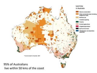 95% of Australians
live within 50 kms of the coast
 