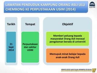 LAWATAN PENDUDUK KAMPUNG ORANG ASLI ULU
CHEMBONG KE PERPUSTAKAAN USIM (2014)
Tarikh
21
Sept
2014
Tempat
Perpustakaan
dan sekitar
USIM
Objektif
Memberi peluang kepada
masyarakat Orang Asli merasai
pengalaman berada di universiti
Memupuk minat belajar kepada
anak-anak Orang Asli
 