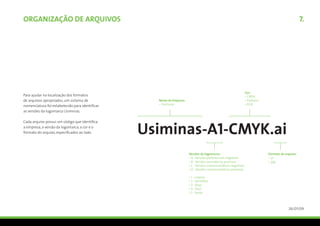 ORGANIZAÇÃO de arquivos                               7.




Para ajudar na localização dos formatos
de arquivos apropriados, um sistema de
nomenclatura foi estabelecido para identificar
as versões da logomarca Usiminas.

Cada arquivo possui um código que identifica
a empresa, a versão da logomarca, a cor e o
formato do arquivo, especificados ao lado.




                                                 26/01/09
 