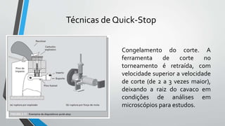 Congelamento do corte. A
ferramenta de corte no
torneamento é retraída, com
velocidade superior a velocidade
de corte (de 2 a 3 vezes maior),
deixando a raiz do cavaco em
condições de análises em
microscópios para estudos.
Técnicas de Quick-Stop
 