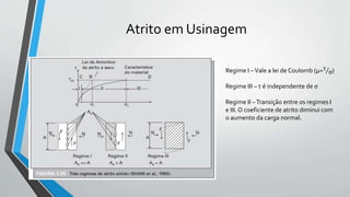 Atrito em Usinagem
Regime I –Vale a lei de Coulomb (µ=τ
σ)
Regime III – τ é independente de σ
Regime II –Transição entre os regimes I
e III.O coeficiente de atrito diminui com
o aumento da carga normal.
 