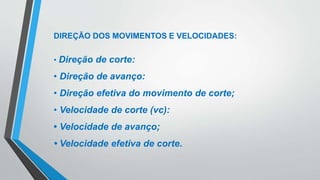 DIREÇÃO DOS MOVIMENTOS E VELOCIDADES:
• Direção de corte:
• Direção de avanço:
• Direção efetiva do movimento de corte;
• Velocidade de corte (vc):
• Velocidade de avanço;
• Velocidade efetiva de corte.
 