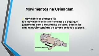  Movimento de avanço ( f ):
É o movimento entre a ferramenta e a peça que,
juntamente com o movimento de corte, possibilita
uma remoção contínua do cavaco ao longo da peça.
Movimentos na Usinagem
19
 
