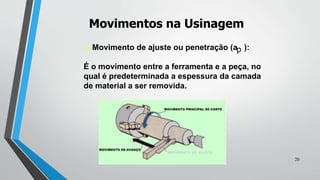 Movimentos na Usinagem
 Movimento de ajuste ou penetração (a ):
É o movimento entre a ferramenta e a peça, no
qual é predeterminada a espessura da camada
de material a ser removida.
MOVIMENTO DE AJUSTE
p
20
 