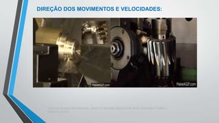 Teoria da Usinagem dos Materiais – Álisson R. Machado, Alexandre M.Abrão, ReginaldoT. Coelho e
Márcio B. da Silva
DIREÇÃO DOS MOVIMENTOS E VELOCIDADES:
• Direção de corte: direção instantânea do movimento de corte:
• Direção de avanço: direção instantânea do movimento de avanço;
• Direção efetiva do movimento de corte;
• Velocidade de corte (vc): velocidade instantânea do ponto de
referência da aresta cortante da ferramenta, segundo a direção e
sentido de corte;
• Velocidade de avanço;
• Velocidade efetiva de corte.
 