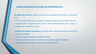 B) Ângulo de ponta (ε): ângulo entre os planos principal de corte (Ps) e o secundário
(P’s);
⇒ Tem como principal função aumentar a resistência mecânica da ferramenta de corte;
⇒ Quanto maior o ângulo de ponta, maior a área de dissipação de calor e maior é a
resistência da ferramenta de corte.
C) Ângulo de posição secundária (χ’): ângulo entre o plano secundário de corte (P’s)
e o plano de trabalho.
⇒ Indica a posição da aresta secundária de corte;
⇒Tem como principal função, controlar o acabamento da superfície usinada.
⇒ Este acabamento depende do raio de quina da ferramenta.
ÂNGULOS MEDIDOS NO PLANO DE REFERÊNCIA (Pr)
 