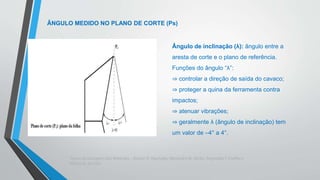 Teoria da Usinagem dos Materiais – Álisson R. Machado, Alexandre M.Abrão, ReginaldoT. Coelho e
Márcio B. da Silva
ÂNGULO MEDIDO NO PLANO DE CORTE (Ps)
Ângulo de inclinação (λ): ângulo entre a
aresta de corte e o plano de referência.
Funções do ângulo “λ”:
⇒ controlar a direção de saída do cavaco;
⇒ proteger a quina da ferramenta contra
impactos;
⇒ atenuar vibrações;
⇒ geralmente λ (ângulo de inclinação) tem
um valor de –4° a 4°.
 
