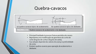 Quebra-cavacos
• Principal finalidade é provocar fratura periódica do cavaco
• Representa uma modificação da geometria da cunha de
corte (ângulos de cunha e ângulos de saída);
• Sua seleção depende dos valores de avanço e profundidade
de corte;
• Existem quebra-cavacos para operação de acabamento e
desbaste.
 