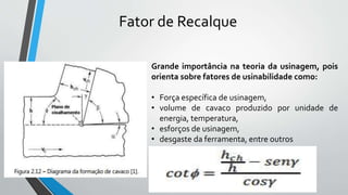 Grande importância na teoria da usinagem, pois
orienta sobre fatores de usinabilidade como:
• Força específica de usinagem,
• volume de cavaco produzido por unidade de
energia, temperatura,
• esforços de usinagem,
• desgaste da ferramenta, entre outros
Fator de Recalque
 