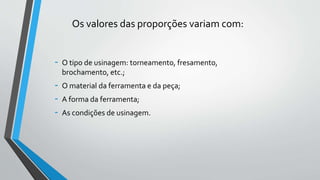 Os valores das proporções variam com:
- O tipo de usinagem: torneamento, fresamento,
brochamento, etc.;
- O material da ferramenta e da peça;
- A forma da ferramenta;
- As condições de usinagem.
 
