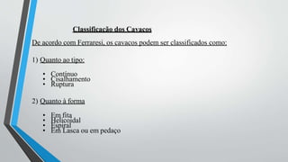 Classificação dos Cavacos
De acordo com Ferraresi, os cavacos podem ser classificados como:
1) Quanto ao tipo:
• Contínuo
• Cisalhamento
• Ruptura
2) Quanto à forma
• Em fita
• Helicoidal
• Espiral
• Em Lasca ou em pedaço
 