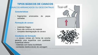Teoria da Usinagem dos Materiais – Álisson R. Machado, Alexandre M.Abrão, ReginaldoT. Coelho e
Márcio B. da Silva
TIPOS BÁSICOS DE CAVACOS
Características
- fragmentos arrancados de peças
usinadas
Formação do cavaco
- materiais frágeis
- fluxo não contínuo do material
- completa desintegração do cavaco
Condições de formação
- o cavaco rompe em forma de concha
gerando uma superfície com qualidade
superficial inferior
- materiais com baixa ductilidade
- condições desfavoráveis de usinagem
- CAVACOS ARRANCADOS OU DESCONTÍNUO
 