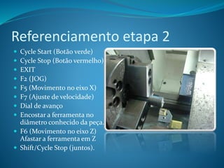 Referenciamento etapa 2
 Cycle Start (Botão verde)
 Cycle Stop (Botão vermelho)
 EXIT
 F2 (JOG)
 F5 (Movimento no eixo X)
 F7 (Ajuste de velocidade)
 Dial de avanço
 Encostar a ferramenta no
diâmetro conhecido da peça.
 F6 (Movimento no eixo Z)
Afastar a ferramenta em Z
 Shift/Cycle Stop (juntos).
 