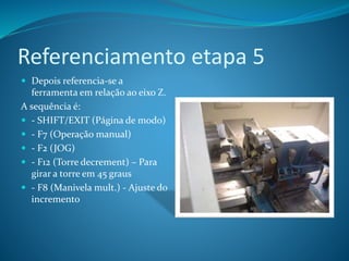 Referenciamento etapa 5
 Depois referencia-se a
ferramenta em relação ao eixo Z.
A sequência é:
 - SHIFT/EXIT (Página de modo)
 - F7 (Operação manual)
 - F2 (JOG)
 - F12 (Torre decrement) – Para
girar a torre em 45 graus
 - F8 (Manivela mult.) - Ajuste do
incremento
 