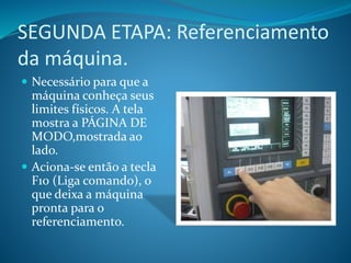 SEGUNDA ETAPA: Referenciamento
da máquina.
 Necessário para que a
máquina conheça seus
limites físicos. A tela
mostra a PÁGINA DE
MODO,mostrada ao
lado.
 Aciona-se então a tecla
F10 (Liga comando), o
que deixa a máquina
pronta para o
referenciamento.
 