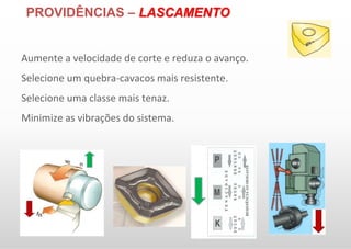 PROVIDÊNCIAS – LASCAMENTO
Aumente a velocidade de corte e reduza o avanço.
Selecione um quebra-cavacos mais resistente.
Selecione uma classe mais tenaz.
Minimize as vibrações do sistema.
 