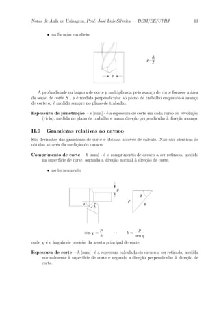 Notas de Aula de Usinagem, Prof. Jos¶e Lu¶³s Silveira | DEM/EE/UFRJ 13 
² na fura»c~ao em cheio 
A profundidade ou largura de corte p multiplicada pelo avan»co de corte fornece a ¶area 
da se»c~ao de corte S , p ¶e medida perpendicular ao plano de trabalho enquanto o avan»co 
de corte ac ¶e medido sempre no plano de trabalho. 
Espessura de penetra»c~ao { e [mm] - ¶e a espessura de corte em cada curso ou revolu»c~ao 
(ciclo), medida no plano de trabalho e numa dire»c~ao perpendicular μa dire»c~ao avan»co. 
II.9 Grandezas relativas ao cavaco 
S~ao derivadas das grandezas de corte e obtidas atrav¶es de c¶alculo. N~ao s~ao id^enticas μas 
obtidas atrav¶es da medi»c~ao do cavaco. 
Comprimento de corte { b [mm] - ¶e o comprimento de cavaco a ser retirado, medido 
na superf¶³cie de corte, segundo a dire»c~ao normal μa dire»c~ao de corte. 
² no torneamento 
sen Â = 
p 
b ! b = 
p 
sen Â 
onde Â ¶e o ^angulo de posi»c~ao da aresta principal de corte. 
Espessura de corte { h [mm] - ¶e a espessura calculada do cavaco a ser retirado, medida 
normalmente μa superf¶³cie de corte e segundo a dire»c~ao perpendicular μa dire»c~ao de 
corte. 
 