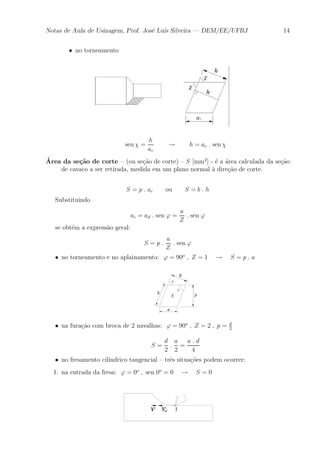 Notas de Aula de Usinagem, Prof. Jos¶e Lu¶³s Silveira | DEM/EE/UFRJ 14 
² no torneamento 
sen Â = 
h 
ac ! h = ac : sen Â 
¶A 
rea da se»c~ao de corte { (ou se»c~ao de corte) { S [mm2] - ¶e a ¶area calculada da se»c~ao 
de cavaco a ser retirada, medida em um plano normal μa dire»c~ao de corte. 
S = p : ac ou S = b : h 
Substituindo 
ac = ad : sen ' = 
a 
Z 
: sen ' 
se obt¶em a express~ao geral: 
S = p : 
a 
Z 
: sen ' 
² no torneamento e no aplainamento: ' = 90o ; Z = 1 ! S = p : a 
² na fura»c~ao com broca de 2 navalhas: ' = 90o ; Z = 2 ; p = d 
2 
S = 
d 
2 
: 
a 
2 
= 
a : d 
4 
² no fresamento cil¶³ndrico tangencial { tr^es situa»c~oes podem ocorrer: 
1. na entrada da fresa: ' = 0o ; sen 0o = 0 ! S = 0 
 