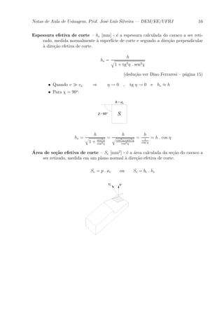 Notas de Aula de Usinagem, Prof. Jos¶e Lu¶³s Silveira | DEM/EE/UFRJ 16 
Espessura efetiva de corte { he [mm] - ¶e a espessura calculada do cavaco a ser reti-rado, 
medida normalmente μa superf¶³cie de corte e segundo a dire»c~ao perpendicular 
μa dire»c~ao efetiva de corte. 
he = 
h 
q 
1 + tg2´ : sen2Â 
(dedu»c~ao ver Dino Ferraresi { p¶agina 15) 
² Quando v À va ) ´ ! 0 ; tg ´ ! 0 e he ¼ h 
² Para Â = 90o: 
he = 
h 
q 
1 + sen2´ 
cos2´ 
= 
h 
q 
cos2´+sen2´ 
cos2´ 
= 
h 
1 
cos ´ 
= h : cos ´ 
¶A 
rea de se»c~ao efetiva de corte { Se [mm2] - ¶e a ¶area calculada da se»c~ao do cavaco a 
ser retirado, medida em um plano normal μa dire»c~ao efetiva de corte. 
Se = p : ae ou Se = be : he 
 