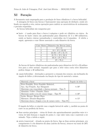 Notas de Aula de Usinagem, Prof. Jos¶e Lu¶³s Silveira | DEM/EE/UFRJ 47 
XI Fura»c~ao 
A ferramenta mais empregada para a produ»c~ao de furos cil¶³ndricos ¶e a broca helicoidal. 
A usinagem de furos com brocas ¶e basicamente uma opera»c~ao de desbaste, sendo uti-lizado 
em seguida a esta, outras opera»c~oes para conferir as caracter¶³sticas de acabamento 
e precis~ao requeridas. 
As brocas helicoidais s~ao compostas por: 
² haste { ¶e usada para ¯xar a broca μa m¶aquina e pode ser cil¶³ndrica ou c^onica. As 
brocas de haste c^onica s~ao padronizadas para di^ametros de 3 a 100 mil¶³metros, 
sendo as hastes c^onicas normalizadas e constru¶³das em 6 tamanhos. A tabela a 
seguir, apresenta o cone Morse associado a cada di^ametro da broca. 
Cone Morse Di^ametro das Brocas [mm] 
1 D · 14 
2 14 < D · 23; 02 
3 23; 02 < D · 31; 75 
4 31; 75 < D · 50; 8 
5 50; 8 < D · 76; 2 
6 D > 76; 2 
As brocas de hastes cil¶³ndricas s~ao padronizadas para di^ametros de 0,2 a 20 mil¶³me-tros 
para a s¶erie normal, enquanto que para a s¶erie extra curta estes di^ametros 
podem chegar a 40 mil¶³metros. 
² canais helicoidais { destinados a promover a remo»c~ao dos cavacos, s~ao inclinados do 
^angulo de h¶elice Á determinado em fun»c~ao do tipo de material a usinar. 
Material a furar ^A 
ngulo da h¶elice Á 
Ferro Fundido, Ferro Fundido Male¶avel, 
A»co, A»co Forjado, A»co Mangan^es ¼ 30o 
Materiais com tenacidade e dureza normais { Tipo N 
Alum¶³nio, Cobre, Chumbo, Zinco 
Materiais moles e/ou de cavaco longo { Tipo W ¼ 40o 
Lat~ao, Bronze, Bronze Duro 
M¶armore, Ebonite-Baquelite ¼ 15o 
Materiais duros e fr¶ageis e/ou de cavaco curto { Tipo H 
O ^angulo da h¶elice Á coincide com o ^angulo lateral de sa¶³da °x medido na ponta de 
corte ou na periferia da broca. 
² duas arestas principais { vistas de frente s~ao aproximadamente paralelas entre si e 
vistas de lado formam o ^angulo de ponta ¾, cujo valor varia com o material a ser 
usinado. Veja a tabela a seguir. 
² aresta transversal { situada na ponta da broca, liga as duas arestas principais, seu 
comprimento ¶e o do di^ametro da alma (n¶ucleo da broca), situa-se em torno de 20% 
de di^ametro da broca. 
 