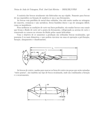 Notas de Aula de Usinagem, Prof. Jos¶e Lu¶³s Silveira | DEM/EE/UFRJ 49 
A maioria das brocas atualmente s~ao fabricadas em a»co r¶apido. Somente para brocas 
de uso espor¶adico ou fura»c~ao de madeira se usa o a»co ferramenta. 
As brocas com pastilhas de metal duro soldadas, t^em sido muito usadas na usinagem 
de concreto, cer^amicas e n~ao met¶alicos, ferros fundidos duros e a»co de usinagem dif¶³cil, 
como os inoxid¶aveis. 
Para melhorar as condi»c~oes de corte em furos profundos, s~ao usadas brocas com canais 
que levam o °uido de corte at¶e a ponta da ferramenta, refrigerando as arestas de corte e 
removendo os cavacos no retorno do °uido pelos canais helicoidais. 
Com o objetivo de se aumentar a produ»c~ao s~ao utilizadas brocas escalonadas, que 
possuem 2 ou mais di^ametros, e que podem executar em uma s¶o opera»c~ao a pr¶e-fura»c~ao, 
fura»c~ao, alargamento e chanframento. 
As brocas de centro, usadas para marcar os furos de centro em pe»cas que ser~ao usinadas 
entre pontas", s~ao tamb¶em um tipo de broca escalonada, onde s~ao combinados a fura»c~ao 
e o escareamento. 
 