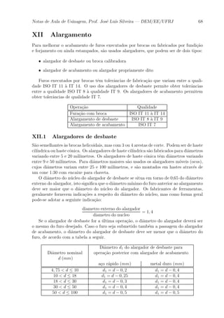 Notas de Aula de Usinagem, Prof. Jos¶e Lu¶³s Silveira | DEM/EE/UFRJ 68 
XII Alargamento 
Para melhorar o acabamento de furos executados por brocas ou fabricados por fundi»c~ao 
e forjamento ou ainda estampados, s~ao usados alargadores, que podem ser de dois tipos: 
² alargador de desbaste ou broca calibradora 
² alargador de acabamento ou alargador propriamente dito 
Furos executados por brocas t^em toler^ancias de fabrica»c~ao que variam entre a quali-dade 
ISO IT 11 μa IT 14. O uso dos alargadores de desbaste permite obter toler^ancias 
entre a qualidade ISO IT 8 μa qualidade IT 9. Os alargadores de acabamento permitem 
obter toler^ancias de qualidade IT 7. 
Opera»c~ao Qualidade 
Fura»c~ao com broca ISO IT 11 μa IT 14 
Alargamento de desbaste ISO IT 8 μa IT 9 
Alargamento de acabamento ISO IT 7 
XII.1 Alargadores de desbaste 
S~ao semelhantes μas brocas helicoidais, mas com 3 ou 4 arestas de corte. Podem ser de haste 
cil¶³ndrica ou haste c^onica. Os alargadores de haste cil¶³ndrica s~ao fabricados para di^ametros 
variando entre 5 e 20 mil¶³metros. Os alargadores de haste c^onica t^em di^ametros variando 
entre 9 e 50 mil¶³metros. Para di^ametros maiores s~ao usados os alargadores m¶oveis (ocos), 
cujos di^ametros variam entre 25 e 100 mil¶³metros, e s~ao montados em hastes atrav¶es de 
um cone 1:30 com encaixe para chaveta. 
O di^ametro do n¶ucleo do alargador de desbaste se situa em torno de 0,65 do di^ametro 
externo do alargador, isto signi¯ca que o di^ametro m¶³nimo do furo anterior ao alargamento 
deve ser maior que o di^ametro do n¶ucleo do alargador. Os fabricantes de ferramentas, 
geralmente fornecem indica»c~oes a respeito do di^ametro do n¶ucleo, mas como forma geral 
pode-se adotar a seguinte indica»c~ao: 
diametro externo do alargador 
diametro do nucleo 
= 1; 4 
Se o alargador de desbaste for a ¶ultima opera»c~ao, o di^ametro do alargador dever¶a ser 
o mesmo do furo desejado. Caso o furo seja submetido tamb¶em a passagem do alargador 
de acabamento, o di^ametro do alargador de desbaste deve ser menor que o di^ametro do 
furo, de acordo com a tabela a seguir. 
Di^ametro d1 do alargador de desbaste para 
Di^ametro nominal opera»c~ao posterior com alargador de acabamento 
d (mm) 
a»co r¶apido (mm) metal duro (mm) 
4; 75 < d · 10 d1 = d ¡ 0; 2 d1 = d ¡ 0; 4 
10 < d · 18 d1 = d ¡ 0; 25 d1 = d ¡ 0; 4 
18 < d · 30 d1 = d ¡ 0; 3 d1 = d ¡ 0; 4 
30 < d · 50 d1 = d ¡ 0; 4 d1 = d ¡ 0; 4 
50 < d · 100 d1 = d ¡ 0; 5 d1 = d ¡ 0; 5 
 
