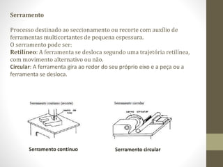 Serramento
Processo destinado ao seccionamento ou recorte com auxílio de
ferramentas multicortantes de pequena espessura.
O serramento pode ser:
Retilíneo: A ferramenta se desloca segundo uma trajetória retilínea,
com movimento alternativo ou não.
Circular: A ferramenta gira ao redor do seu próprio eixo e a peça ou a
ferramenta se desloca.
Serramento contínuo Serramento circular
 