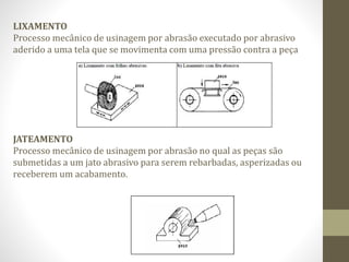 LIXAMENTO
Processo mecânico de usinagem por abrasão executado por abrasivo
aderido a uma tela que se movimenta com uma pressão contra a peça
JATEAMENTO
Processo mecânico de usinagem por abrasão no qual as peças são
submetidas a um jato abrasivo para serem rebarbadas, asperizadas ou
receberem um acabamento.
 