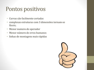 Pontos positivos
• Curvas são facilmente cortadas
• complexas estruturas com 3 dimensões tornam-se
fáceis;
• Menor numero de operador
• Menor número de erros humanos
• linhas de montagens mais rápidas
 