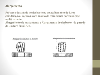 Alargamento
Processo destinado ao desbaste ou ao acabamento de furos
cilíndricos ou cônicos, com auxílio de ferramenta normalmente
multicortante.
Alargamento de acabamento e Alargamento de desbaste: da parede
de um furo cilíndrico.
 